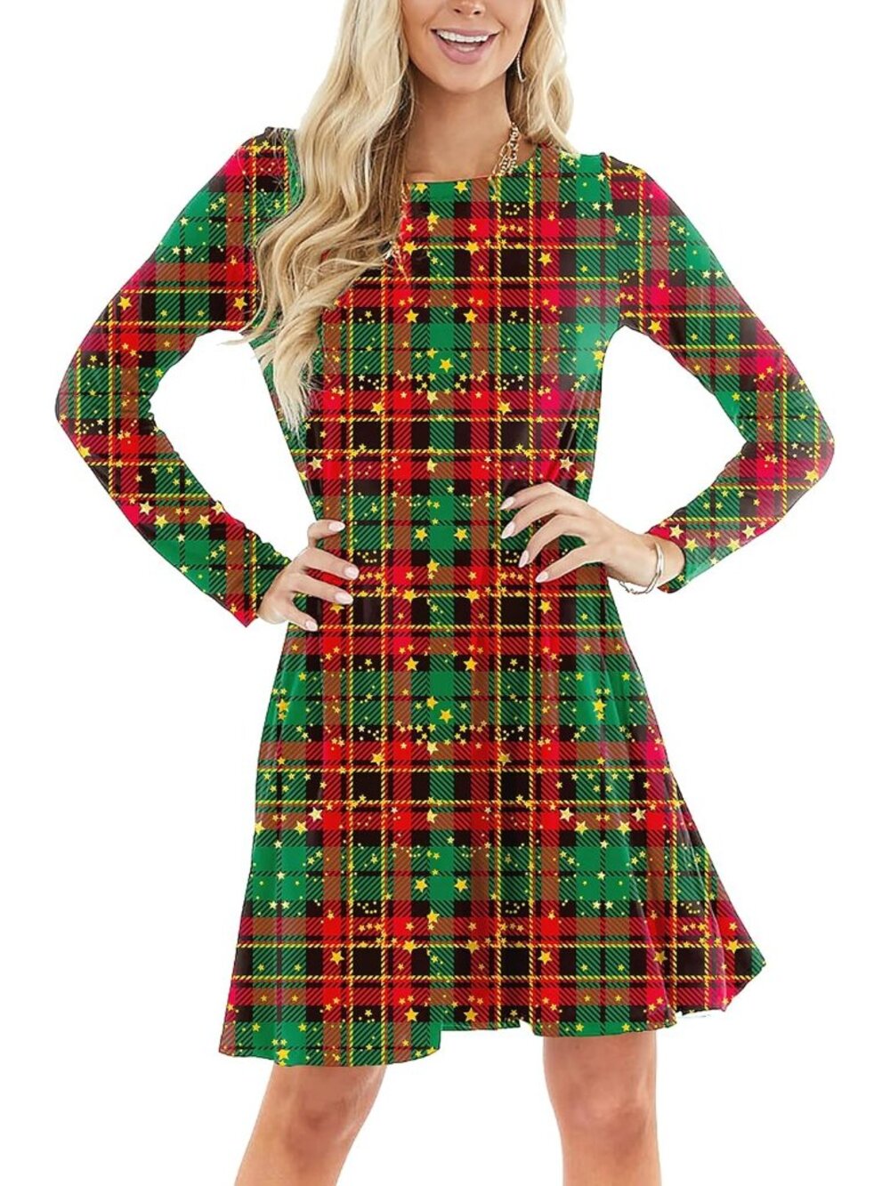 Women's Christmas Green Plaid Long Sleeve Round Neck Xmas Holiday A Line Dresses